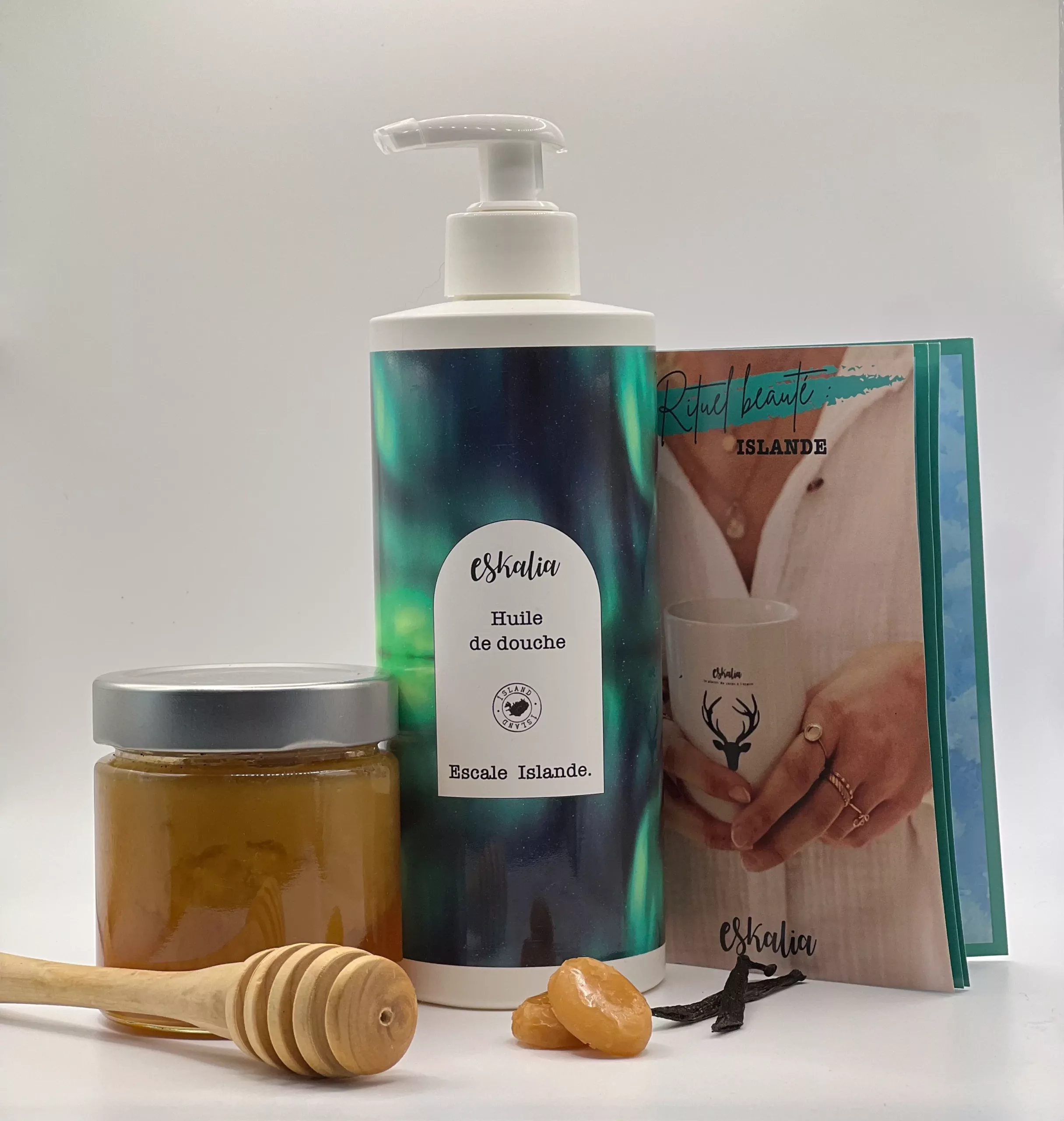 Eskalia Huile de Douche 500ml Escale Islande parfum miel vanille caramel flacon pompe