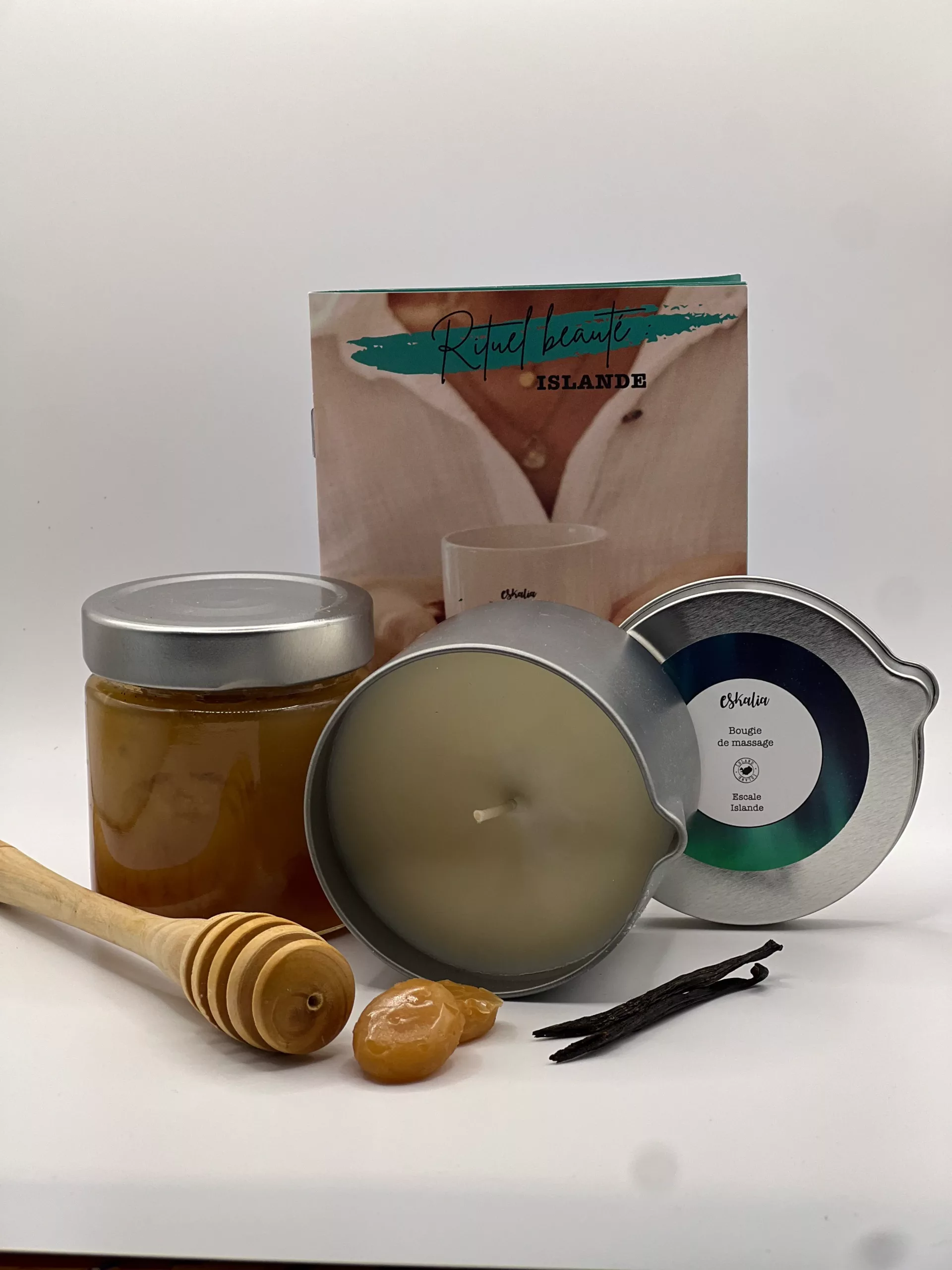 Bougie bijou de massage Eskalia Escale Islande senteurs miel vanille caramel avec bijou Nakupenda