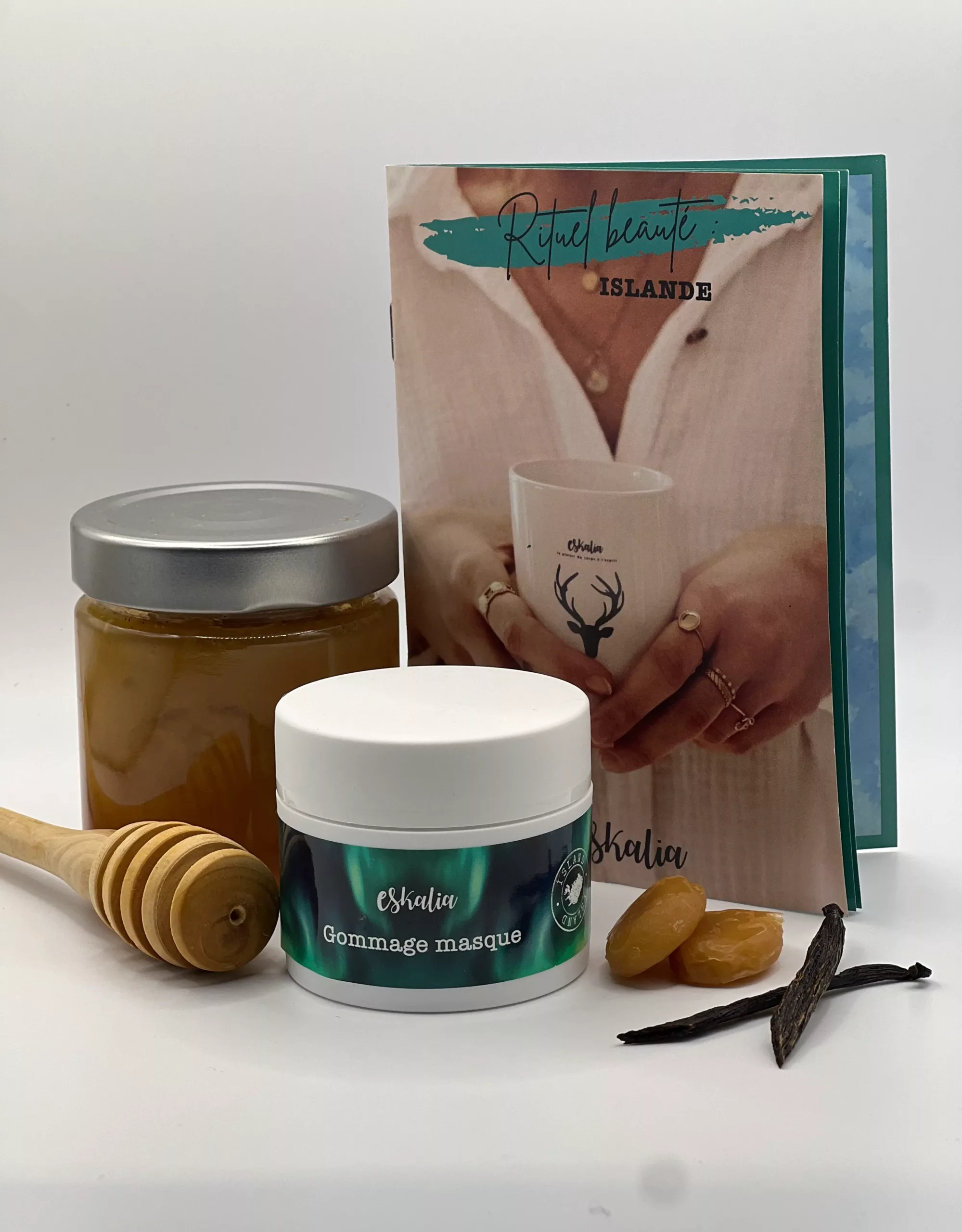 Gommage masque Eskalia Escale Islande soin visage 2 en 1 miel vanille caramel 50ml