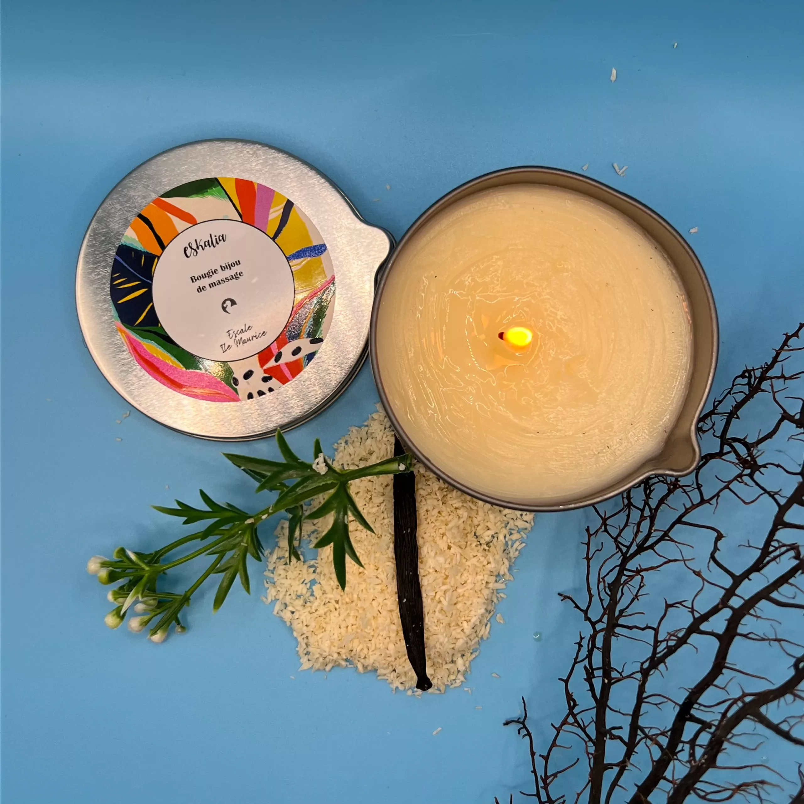 Bougie bijou de massage Eskalia Escale Île Maurice vanille coco jasmin avec bijou Nakupenda